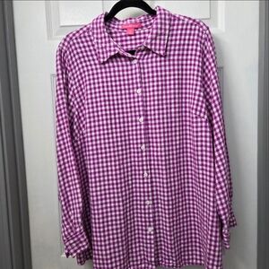 Magenta Gingham Linen Blend Button-Up Shirt Resortwear Travel Vacation 1X
